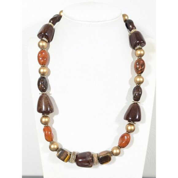 Brown Tigers Eye STone Bead Chunky Statement Necklace Gold Tone Matte 22" - Picture 1 of 8